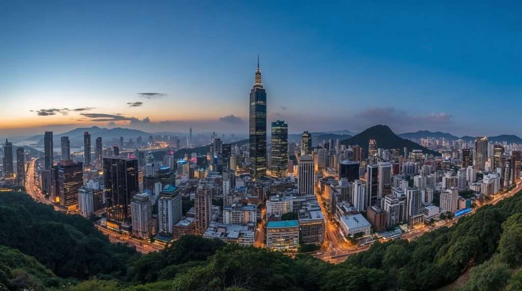 Panoramic view of the Taipei skyline at dusk, featuring illuminated skyscrapers, including the iconic Taipei 101, with surrounding mountains under a twilight sky.