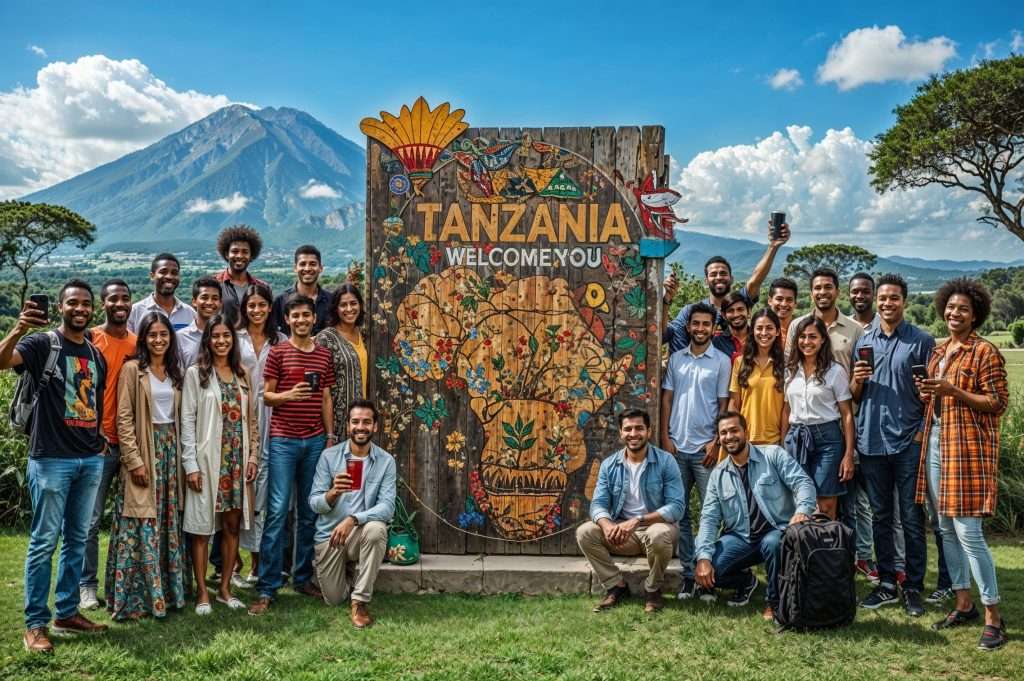 A large group of smiling young travelers stands in front of a colorful wooden sign reading "Tanzania Welcomes You," featuring a decorative map of Africa. Behind them rises a majestic mountain under a bright blue sky with scattered clouds, suggesting a scenic and inviting Tanzanian landscape.