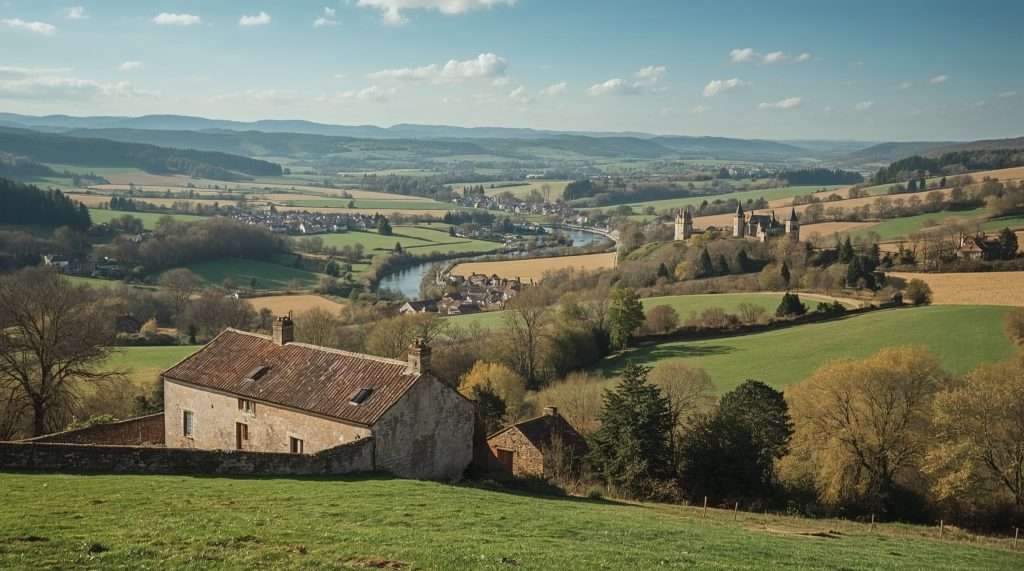 Expansive European landscape with rolling hills, a river, and scattered villages. A stone farmhouse is in the foreground, with a castle visible in the distance under a blue sky.