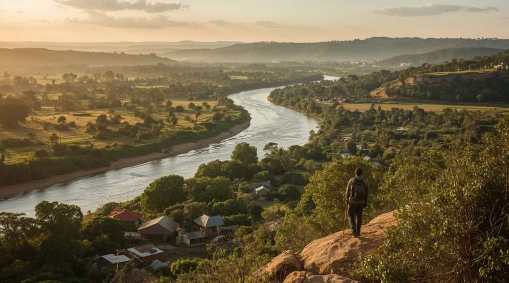 A person stands on a rocky hill overlooking a lush, green landscape in The Gambia, with a winding river and distant hills under a hazy, golden sunset sky.