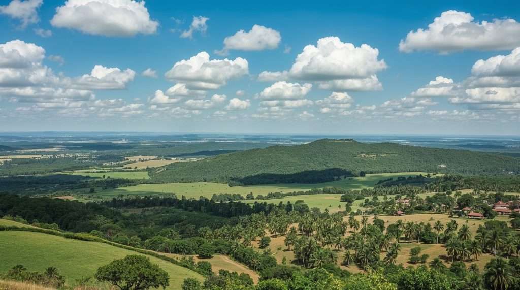 A scenic landscape in Ghana features rolling green hills, lush vegetation, and scattered palm trees under a bright blue sky with white fluffy clouds.