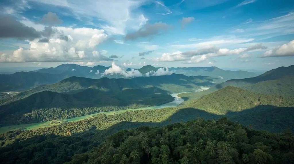 A scenic view of the Malaysian landscape featuring lush green hills, a winding river, and a backdrop of distant mountains under a partly cloudy blue sky.
