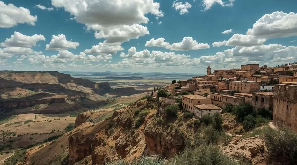 Scenic view of a Mexican landscape featuring a historical town on a cliff edge. The background showcases expansive plains and hills under a partly cloudy sky.