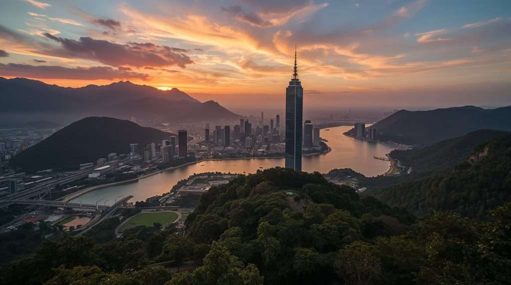 A scenic view of a Taiwanese city at sunset, featuring a prominent skyscraper, lush green hills, and a winding river. The sky is painted with vibrant orange and pink hues.