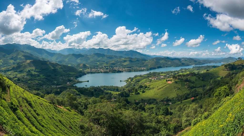 Scenic view of a Colombian landscape featuring lush green hills, a tranquil lake, and distant mountains under a blue sky with scattered clouds.