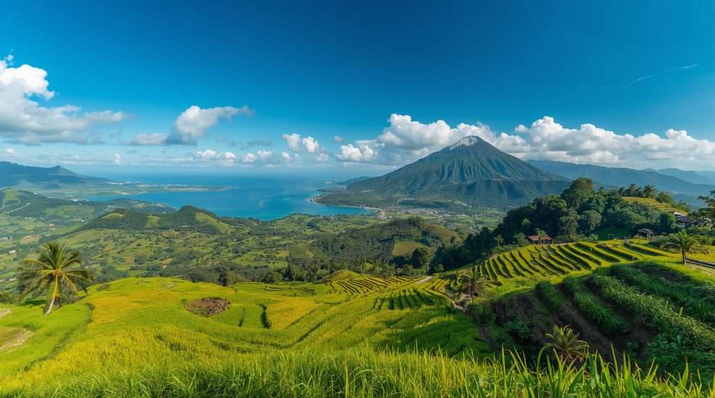 A scenic view of the Indonesian landscape featuring lush green rice terraces, a palm tree, rolling hills, a distant volcano, and the ocean under a bright blue sky.