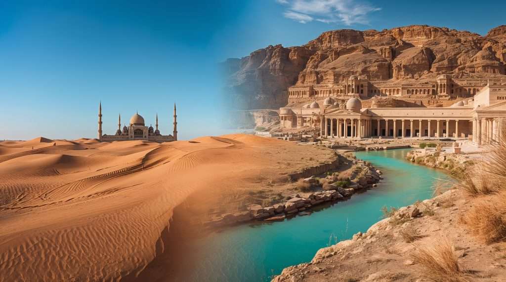 A digitally blended image showcasing both Jordan and Uzbekistan. On the left, expansive desert sands with a distant mosque; on the right, ancient ruins beside a turquoise river.