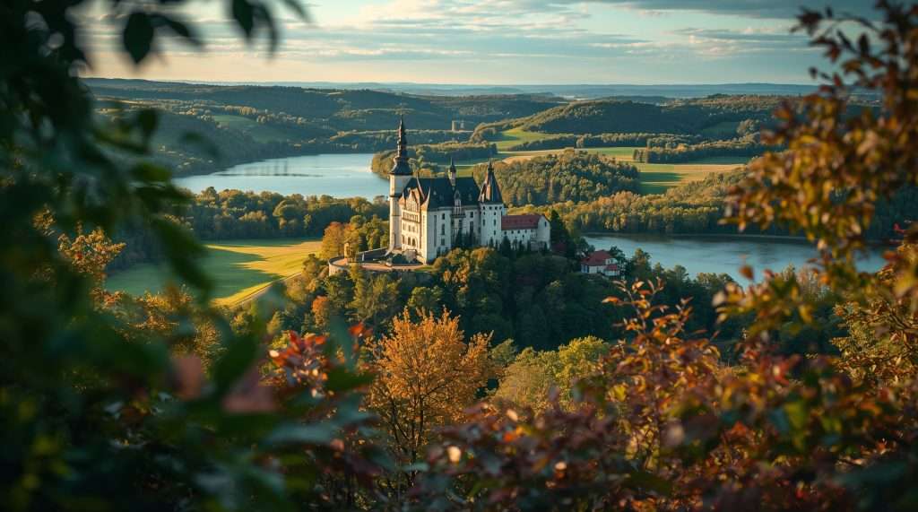 A castle nestled among lush greenery overlooks a serene lake in the Latvian landscape. Sunlight illuminates the scene, highlighting the rich colors of the surrounding foliage.