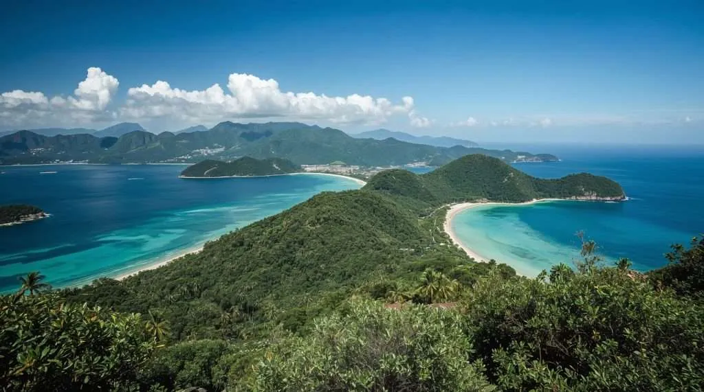 A picturesque view of the Philippines coastline features lush green hills, curving white sandy beaches, and vibrant turquoise waters, backed by a range of misty mountains under a clear blue sky.