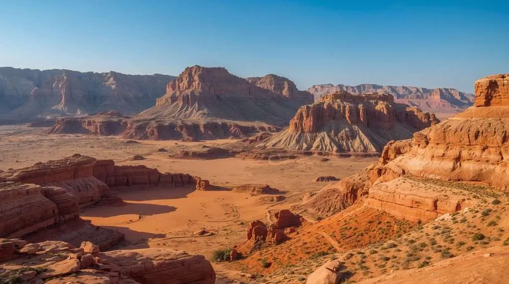 Expansive view of Somalia's desert landscape, featuring rolling sand dunes under a clear blue sky. Rocky formations and sparse vegetation are visible in the background.