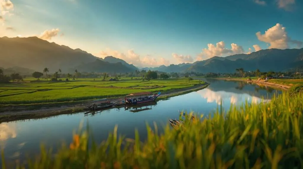 A serene Vietnamese landscape features lush green rice paddies, a calm river with boats, and distant mountains under a blue sky with fluffy clouds during sunset.
