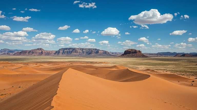 Vast orange sand dunes stretch across Namibia's desert landscape under a bright blue sky dotted with fluffy white clouds. Distant rocky formations rise along the horizon.