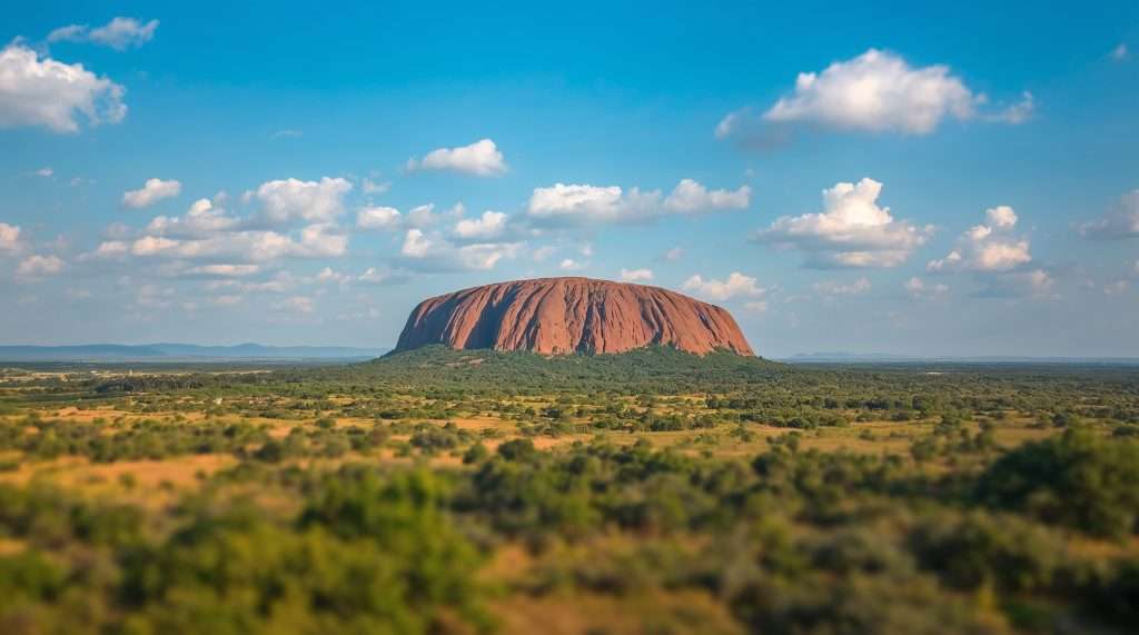 Expansive landscape in Nigeria featuring a prominent, flat-topped rock formation surrounded by greenery. The sky is blue with scattered clouds, adding depth to the scene.