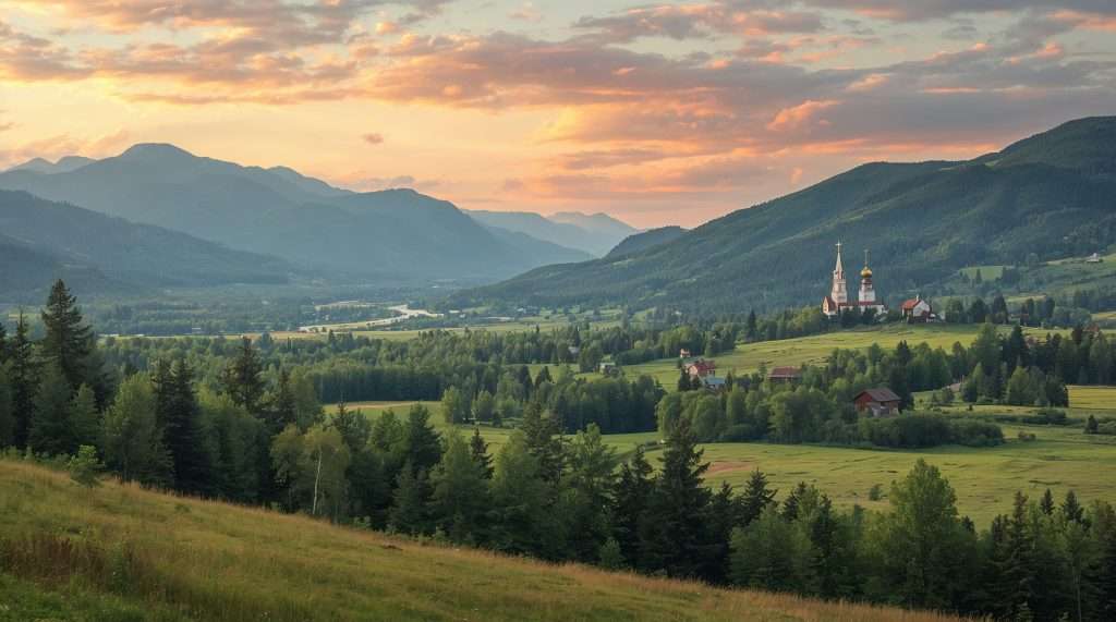 Scenic Russian landscape featuring a winding river, lush green fields, and dense forests under a clear blue sky with scattered fluffy clouds.