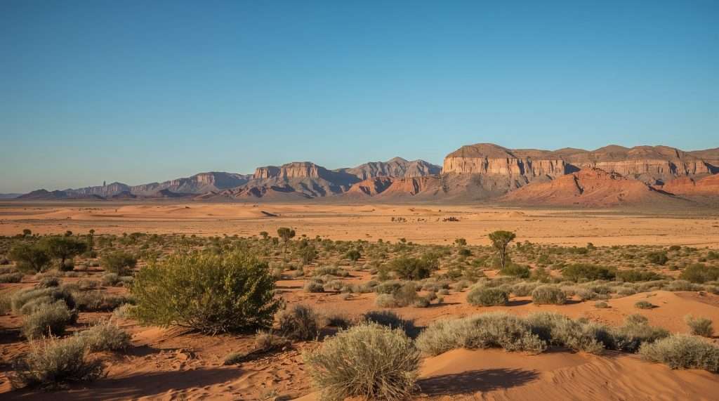 Expansive desert landscape in Somalia featuring rolling sand dunes under a clear blue sky. Rock formations are visible in the distance, adding depth to the arid scene.