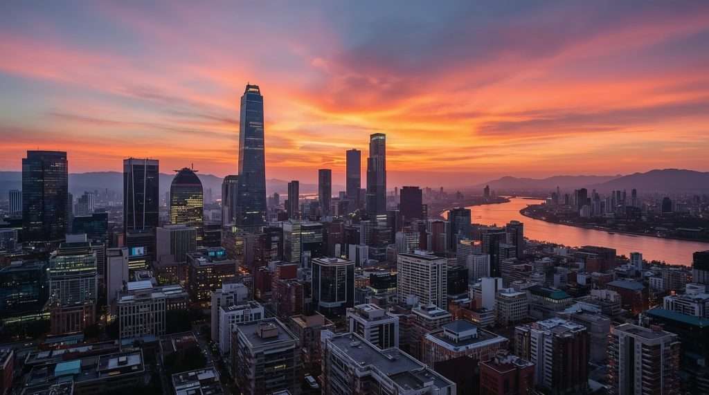 Seoul's skyline at sunset showcases modern skyscrapers silhouetted against a vibrant sky of oranges and purples. The Han River winds through the city, adding to the scenic urban view.