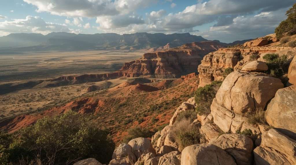 A panoramic view of a rugged landscape in Timor-Leste, featuring red rock formations, vast plains, and distant mountains under a partly cloudy sky.