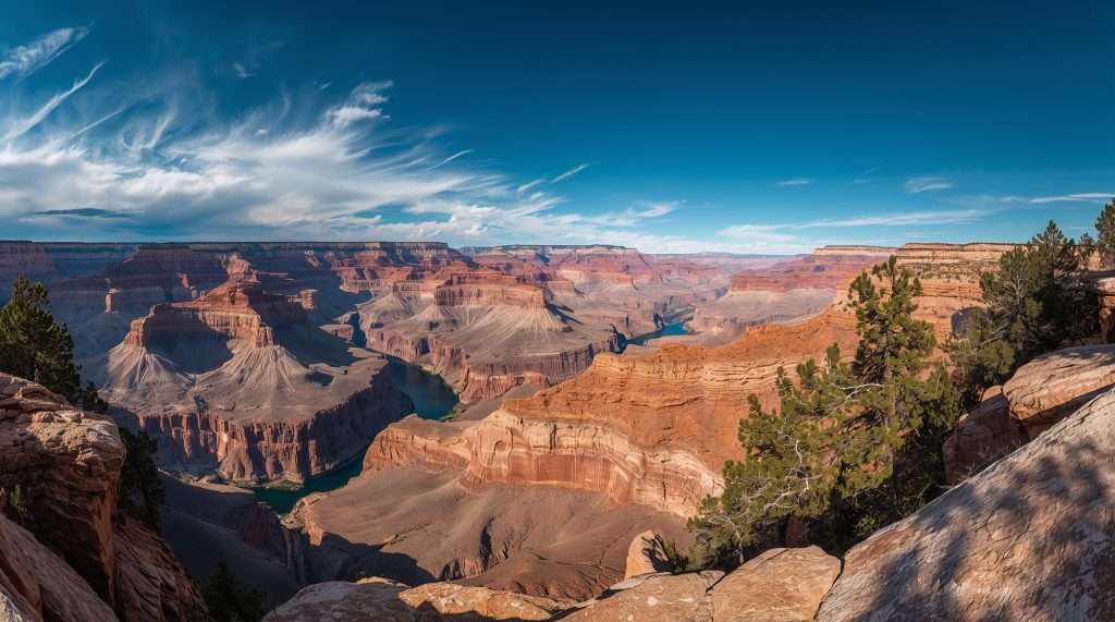 Panoramic view of the Grand Canyon, showcasing its layered red rock formations and deep canyon carved by the Colorado River under a bright blue sky. Trees dot the foreground.