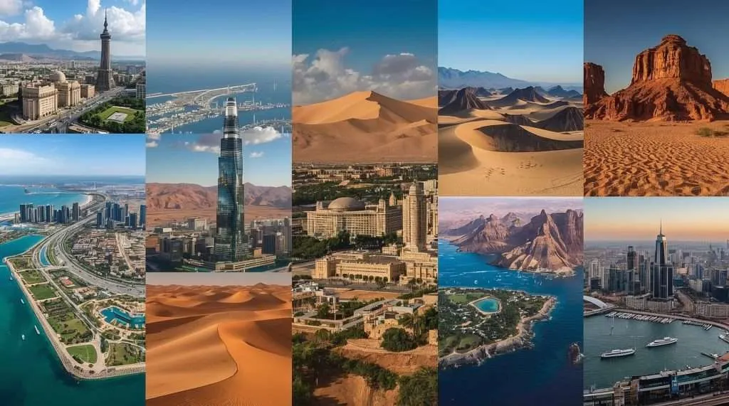 A collage of GCC landscapes, featuring urban skylines, coastal views, majestic sand dunes, rugged mountains, and desert rock formations under a clear blue sky.