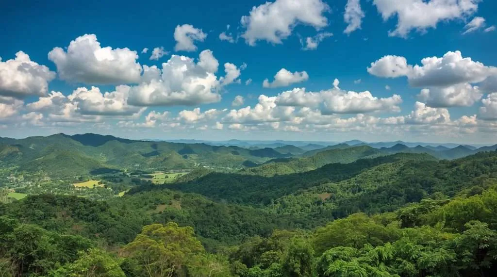 Aerial view of a lush Malaysian landscape, featuring rolling green hills and a winding river under a partly cloudy blue sky, casting dynamic shadows across the terrain.