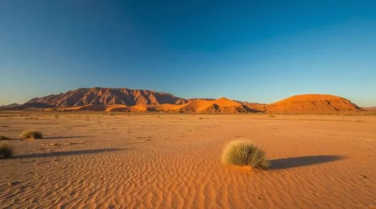 A vast Namibian desert landscape with undulating sand dunes under a clear blue sky. Sparse vegetation dots the sunlit, textured ground, with mountains in the background.
