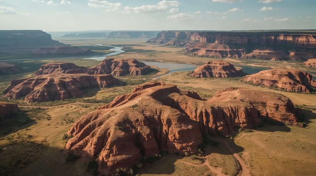 A breathtaking view of a rugged landscape featuring red rock formations and a winding river under a clear sky, likely showcasing a typical scene in Nigeria.