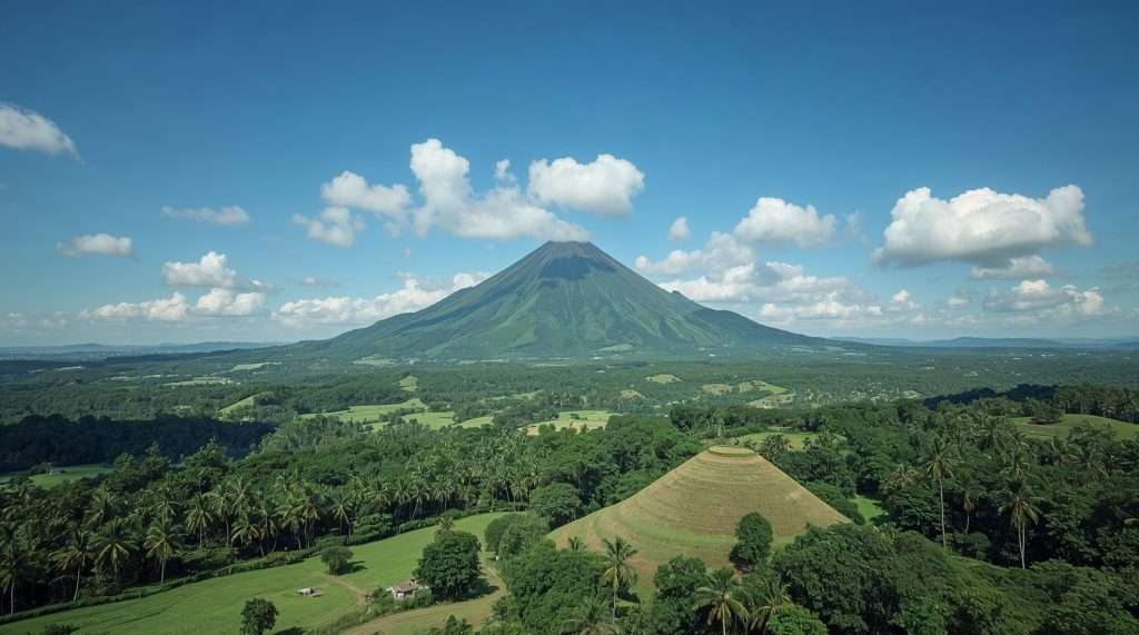 A stunning view of a lush, green peninsula jutting into clear turquoise waters, surrounded by mountains under a bright blue sky with white clouds in the Philippines.