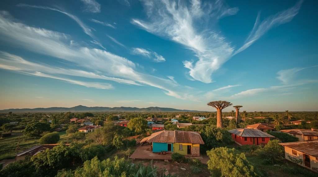 Aerial view of a rural landscape in Senegal featuring vibrant houses amidst lush greenery. Unique trees stand tall against a backdrop of rolling hills and expansive blue sky.