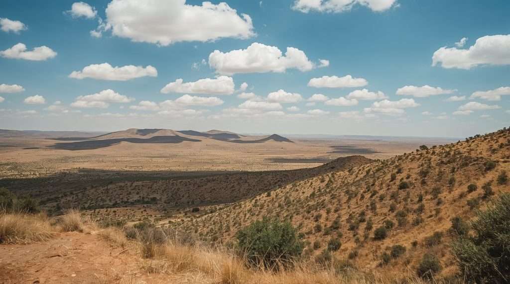 Expansive view of Somaliland's landscape featuring rolling hills, sparse vegetation, and a vast arid plain under a sky dotted with fluffy white clouds.