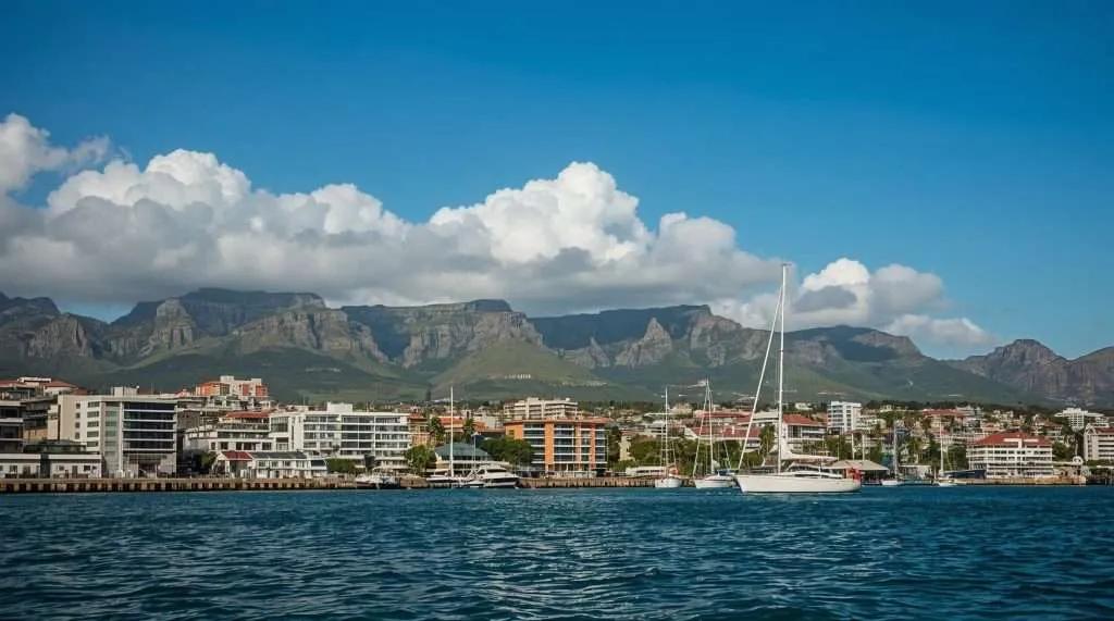 Scenic view of a South African waterfront with modern buildings and yachts, set against a backdrop of majestic mountains under a clear blue sky with fluffy clouds.