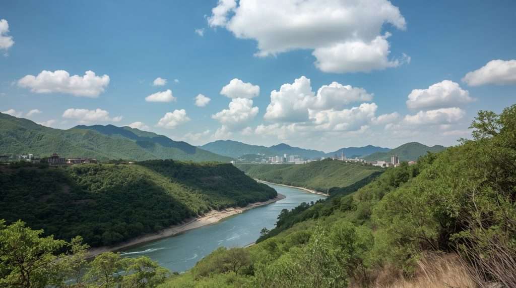 Scenic view of a South Korean landscape featuring a winding river flanked by lush green hills under a clear blue sky with scattered fluffy clouds.