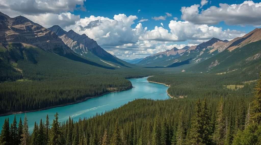 A scenic view of a Canadian landscape featuring a winding turquoise river surrounded by dense evergreen forests, with majestic mountains under a sky filled with fluffy clouds.