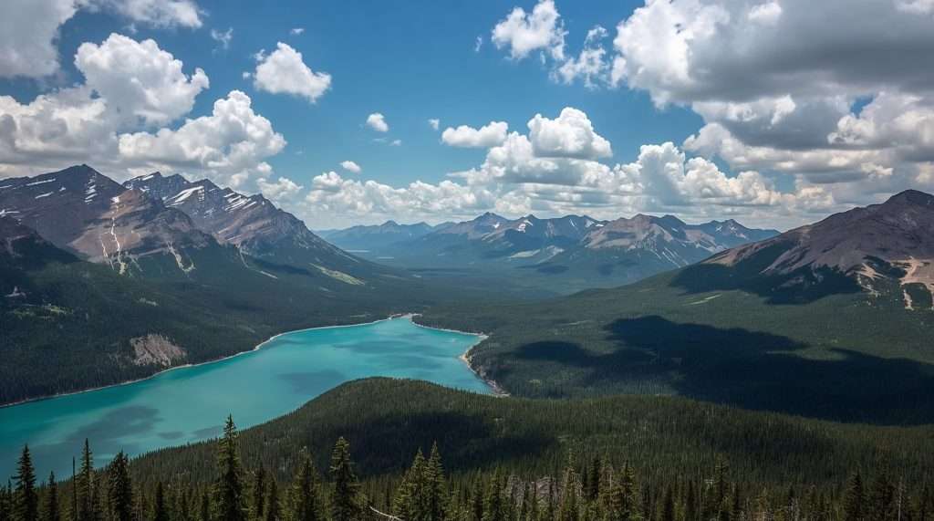 A scenic view of a Canadian landscape featuring turquoise lakes, dense forests, and rugged mountains under a sky dotted with fluffy clouds. The scene is expansive and serene.