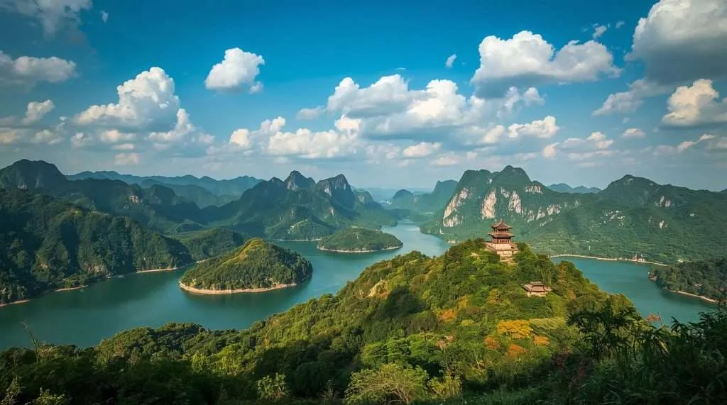 Sunset over terraced hills and lush greenery in a mountainous region of China, with layered peaks fading into the distance under a clear sky.