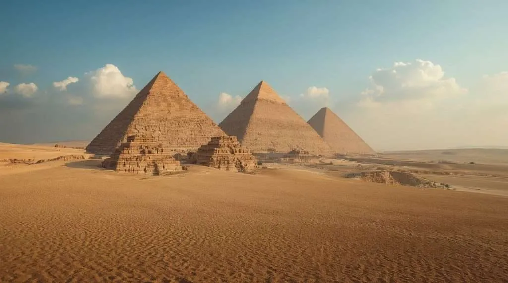 A panoramic view of the Giza Plateau, showcasing the Great Pyramids of Egypt under a clear sky. The arid desert landscape surrounds these ancient monuments.