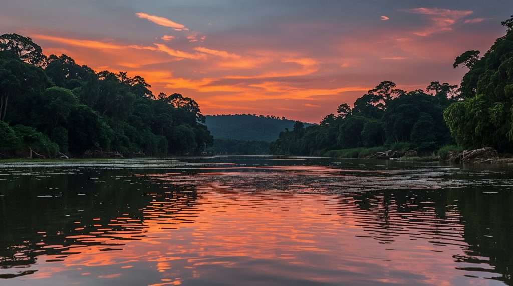 Sunset over a serene river in Gabon, with a vibrant orange and pink sky reflected on the water. Dense green trees line the riverbanks, adding to the tranquil scene.