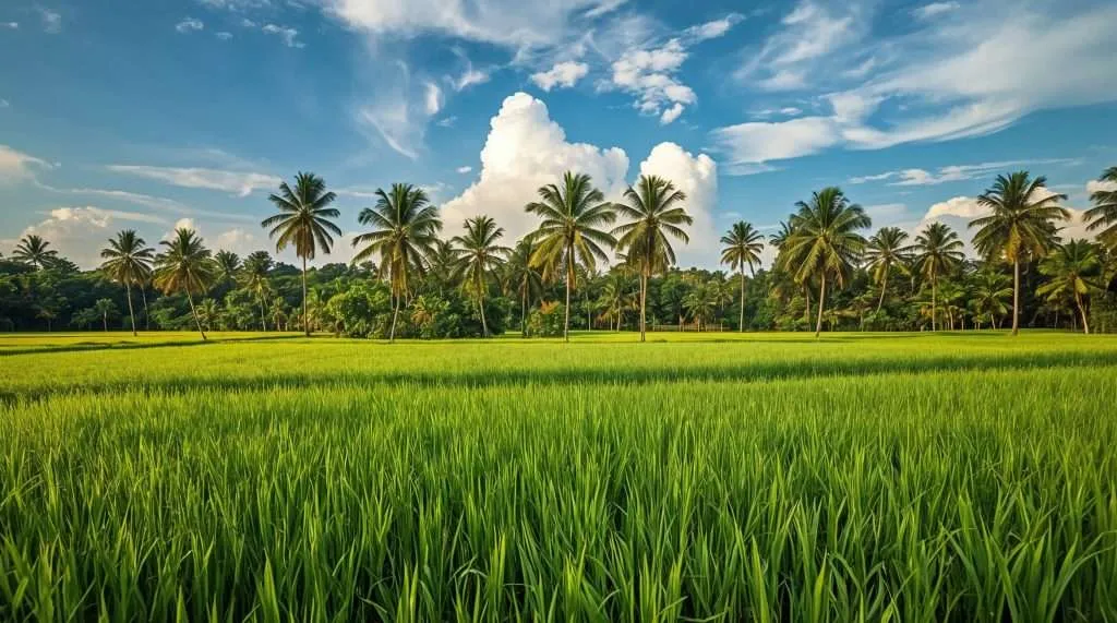 A scenic view of an Indonesian landscape features lush green terraced fields, a palm tree, a distant mountain, and a blue ocean beneath a clear, cloud-dotted sky.