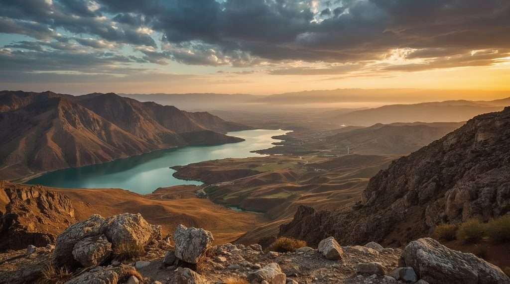 A stunning landscape in Iran featuring rugged mountains surrounding a serene blue-green lake. The scene is bathed in warm sunlight under a dramatic, cloud-filled sky.