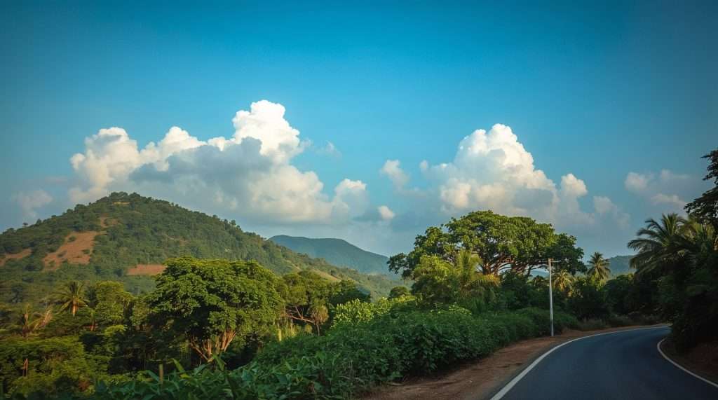 Scenic view of a curving road surrounded by lush green foliage and hills in Liberia. The sky is clear with large white clouds, enhancing the vibrant landscape.