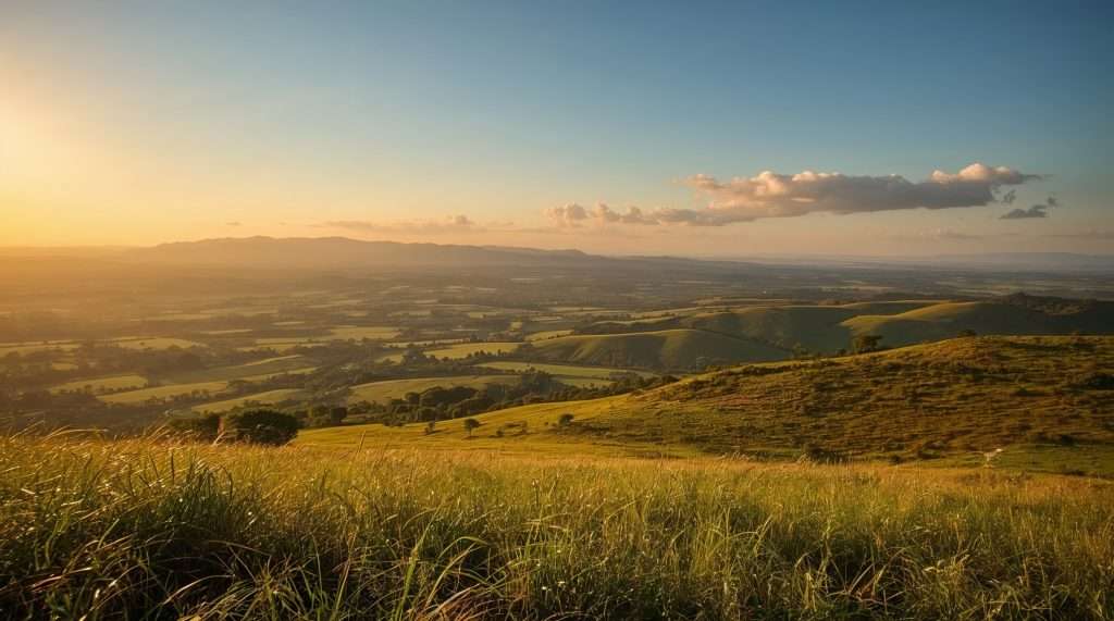Scenic Malawi landscape at sunset, featuring rolling hills and vast plains bathed in warm, golden light. The sky is clear with a few scattered clouds on the horizon.