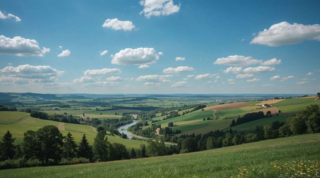 Scenic view of the Moldovan landscape featuring rolling green hills, a winding river, and scattered trees under a blue sky with fluffy clouds.