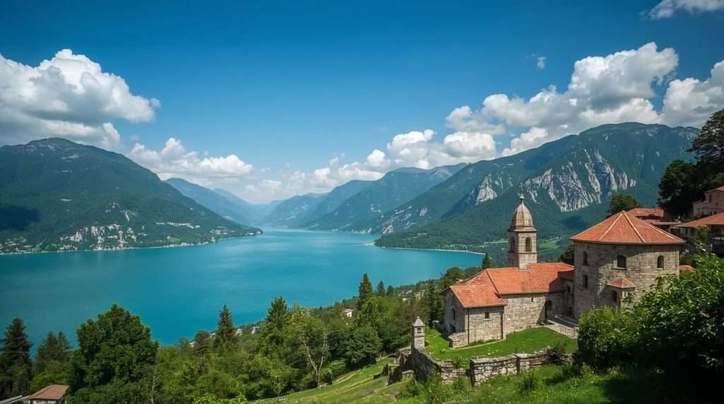 Scenic view of Montenegro's landscape featuring a vast, blue bay surrounded by lush greenery and mountainous terrain under a bright, partly cloudy sky. Villages dot the shoreline.