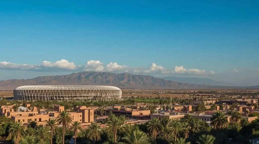 A sprawling Moroccan landscape featuring a modern football stadium surrounded by palm trees and traditional buildings, set against a backdrop of distant mountains under a clear blue sky.