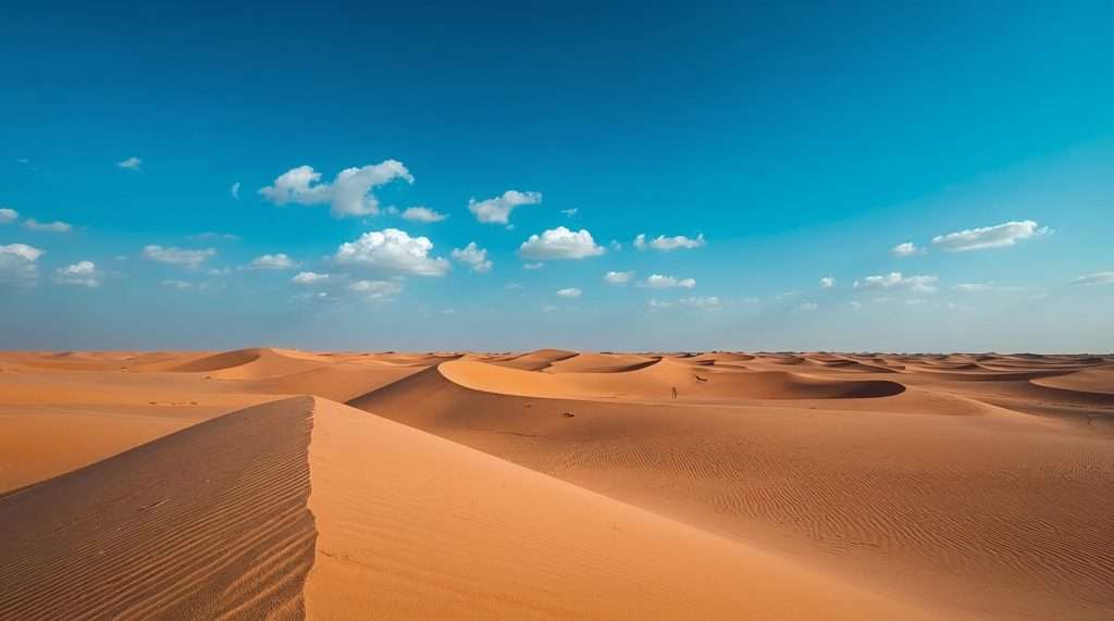 Vast desert landscape in Qatar, featuring rolling sand dunes under a clear blue sky with scattered white clouds. The scene captures the expansive and serene beauty of the desert.