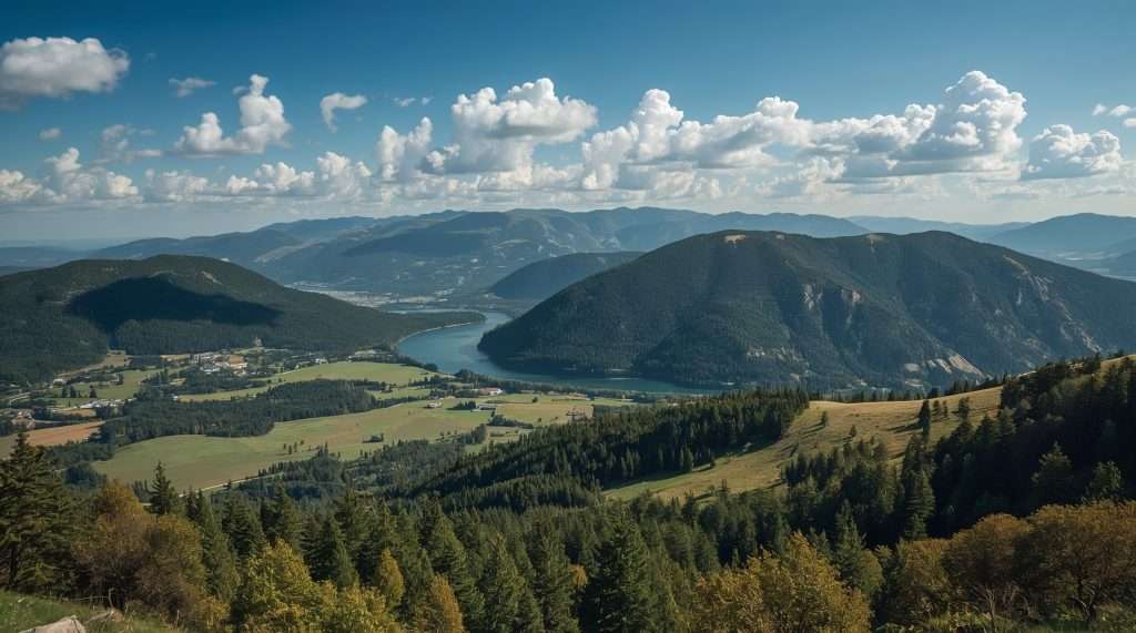 Expansive Russian landscape featuring a winding river, rolling hills, and dense forests under a blue sky dotted with fluffy white clouds.