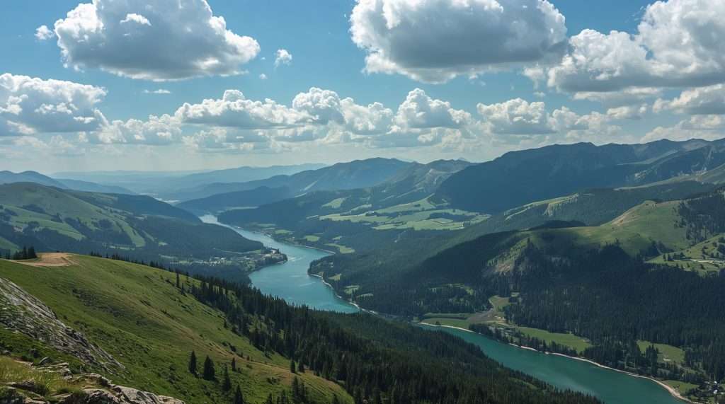 Scenic Russian landscape featuring a winding river, expansive green fields, and dense forests under a bright blue sky dotted with fluffy white clouds.