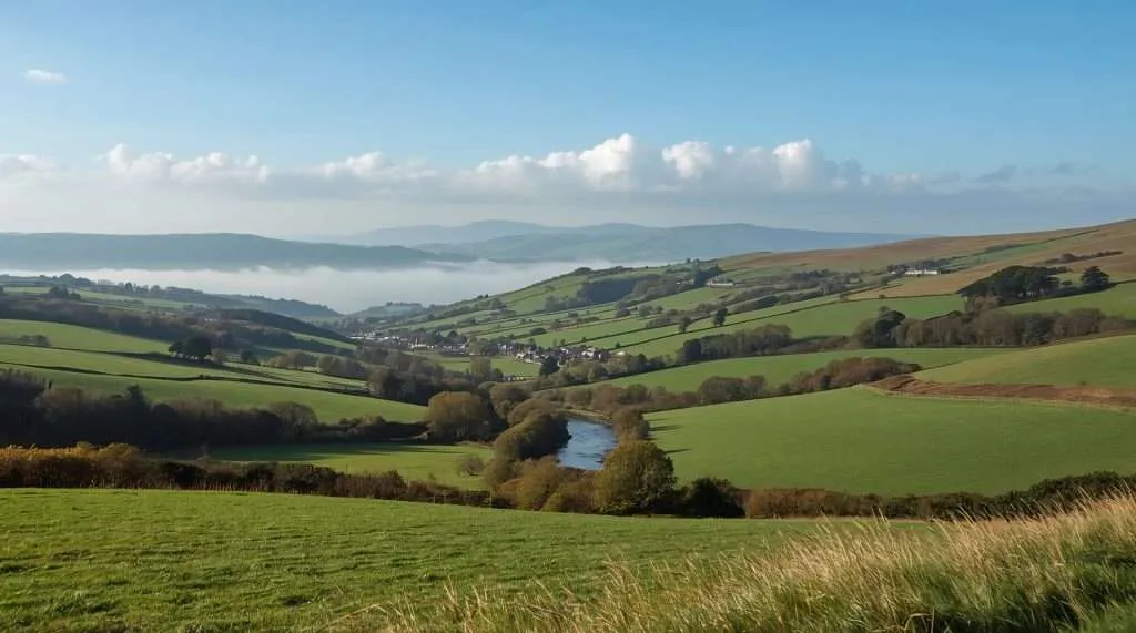 A picturesque United Kingdom landscape featuring rolling green hills, scattered trees, stone walls, and a vast blue sky dotted with fluffy white clouds.