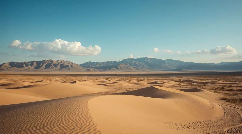 Expansive desert landscape in Uzbekistan with sand dunes in the foreground, mountain range in the distance, and a clear blue sky dotted with clouds.