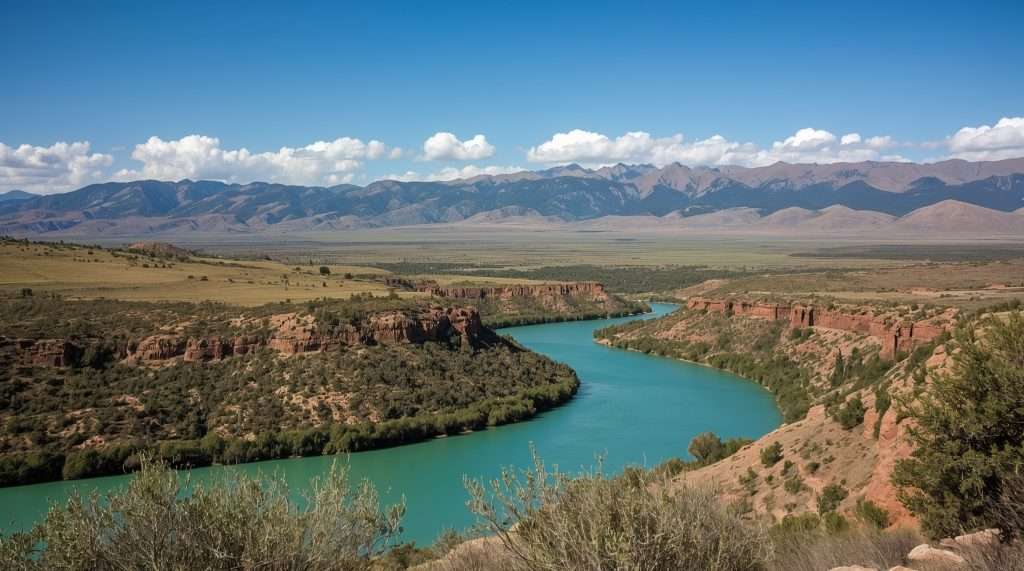 A vibrant blue river winds through a vast Bolivian landscape, bordered by green vegetation and orange cliffs. Distant mountains rise under a clear blue sky with scattered clouds.