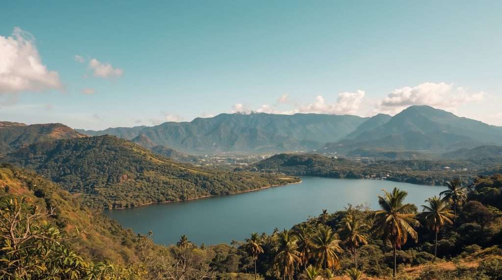Scenic view of a Brazilian landscape showcasing a tranquil lake bordered by lush green hills and palm trees, with distant mountains under a clear blue sky.